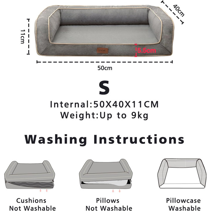 Ортопедичне ліжко для собак EMME, 68.6x50.8x17.8 см, водовідштовхувальне, з матрацом з піною з ефектом пам'яті, знімний, пральний чохол, сіре