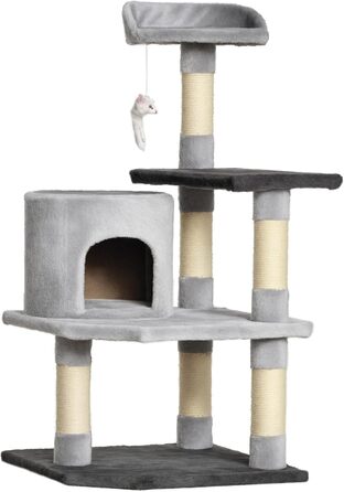 Кігтеточка PawHut для котів - велика кігтеточка-вежа 48x48x100 см з платформами, будиночком та сірим плюшем