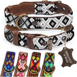 Шкіряний нашийник для собак ALTEZAR, коричневе рябе плетене рindleder, вишивка Tribal, ручна робота, Мексика, розмір S, для маленьких собак