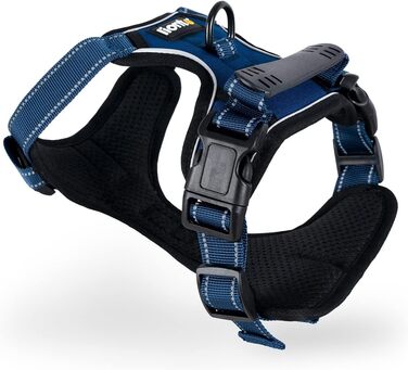 Нашийник для собак Lionto, м'який, нейлон, розмір M, анти-тяга, з 2 кільцями, 4 регульованими ремінцями, 2 застібки, гумовий ручка, блакитний
