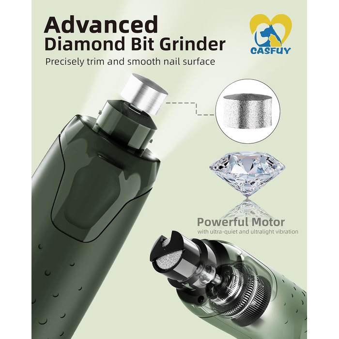 Електричний точило для кігтів собак Casfuy (45 dB) з 6 режимами та LED-підсвіткою для собак та котів, армійний колір