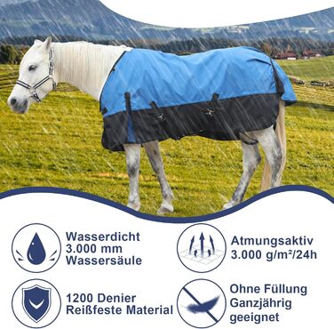 Водонепроникна попона-дожник для коней 1200D, дихаюча легка накидка без наповнювача (0г), чорно-синя, 165 см