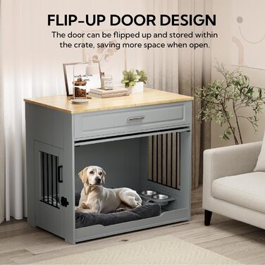 DAWNYIELD Клітка для собак, меблі, дерев'яна з відкидною дверцятами та шухлядою, стиль меблів, внутрішній вольєр для собак, стіл з поворотним миском на 360°, білий колір, біла розсувна дверцята (сіра розсувна дверцята)