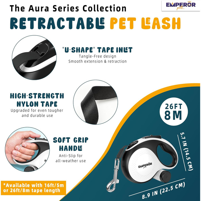 Рулетка для собак Emperor Pets Aura BW26, біла, до 50 кг, міцна, з антиковзною ручкою та світловідбиваючою стрічкою, для середніх і великих порід