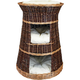 Корзина для котів для сну - котяча хатинка для дому - розмір 43 x 49 x 70 см, кругла - котяча печера з лози, трирівневе ліжко для собак або котів з пральним подушками в кольорі слонова кістка - лакована корзина з бежевими подушками