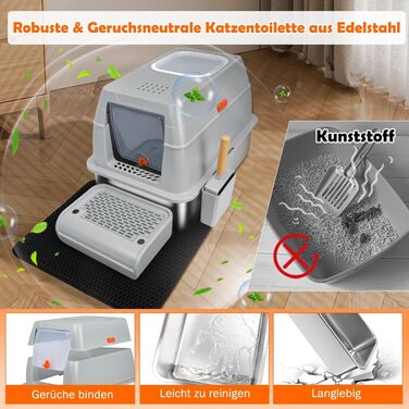 Котловий туалет SZEETECH для котів, великий XXL, нержавіюча сталь з кришкою, з лопаткою, килимком та підставкою, сірий