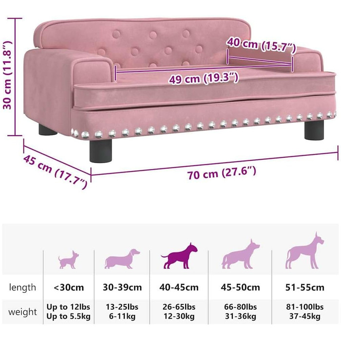 Крісло-ліжко для собак VidaXL, 70 x 45 x 30 см, Рожеве