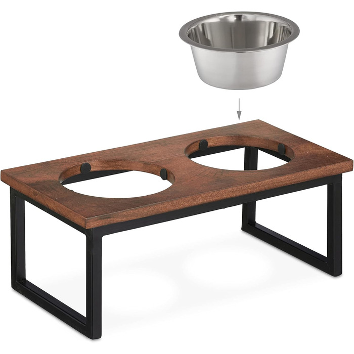 Підставка для мисок Relaxdays з нержавіючої сталі, об'єм 1000 мл, станція для корму для собак з мангового дерева, HBT 16,5 x 42 x 21 см, натуральний колір