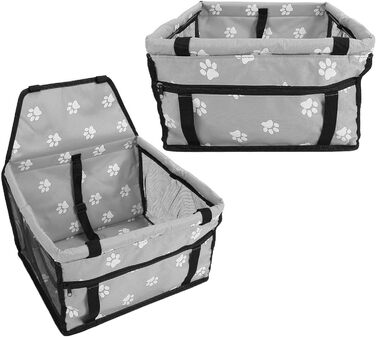 Переноска для тварин з принтом лапок, складана переноска для собак з тканини, миється, з ременями безпеки та підпоркою - Комфортна та безпечна для авто та подорожей (сіра підпорка з принтом лапок)