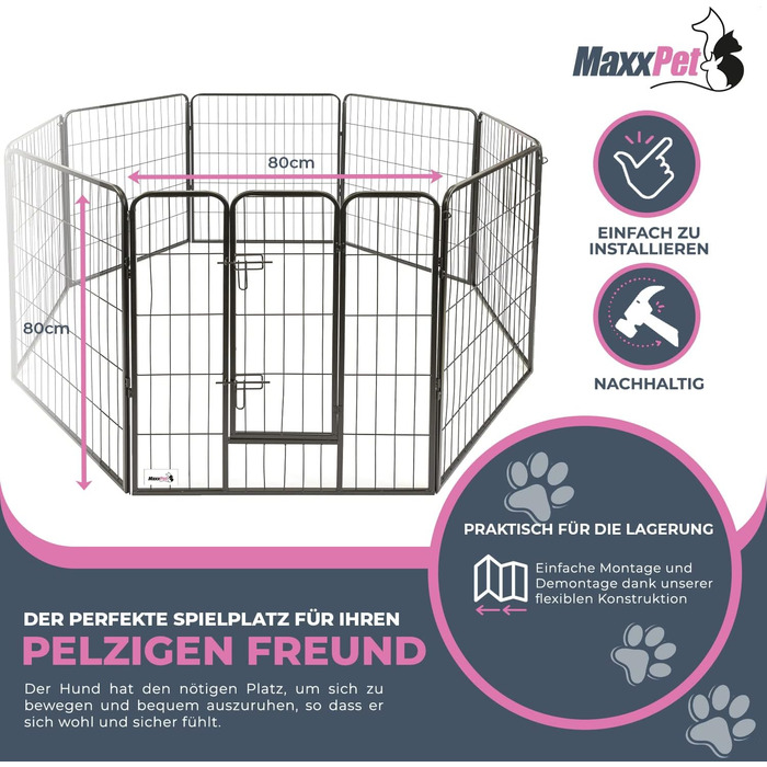 Складаний вольєр MaxxPet для цуценят і домашніх тварин, 16 панелей, 80x100 см, металевий вигульний манеж для собак і кошенят, регульований, для вулиці та дому