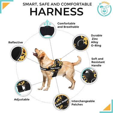 Індивідуальна шлея для собак SUPER DOGGY, рефлективна, з 2 іменними бірками, для малих, середніх та великих порід (леопард, XL, 30-45 кг)