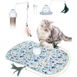 Інтерактивна іграшка для котів HAPPY HACHI 3 в 1: автоматична іграшка з пір'ям, USB-зарядка, комплект аксесуарів, блакитний колір