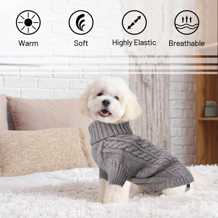 Теплий пуловер для собак середнього розміру з отвором для шлейки та петлями на ніжках, вязаний ролкраг. Підходить для Французького бульдога, Такси. Колір сірий, розмір L (Обхват грудей 54 см, довжина спини 40 см)