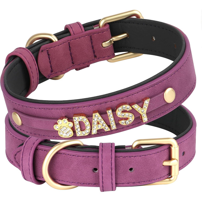 Персоналізоване шкіряне собаче ошийник з кристалами та іменем від PET ARTIST, блискучий ошийник зі стразами для собак, обхват шиї 33-43 см, фіолетовий