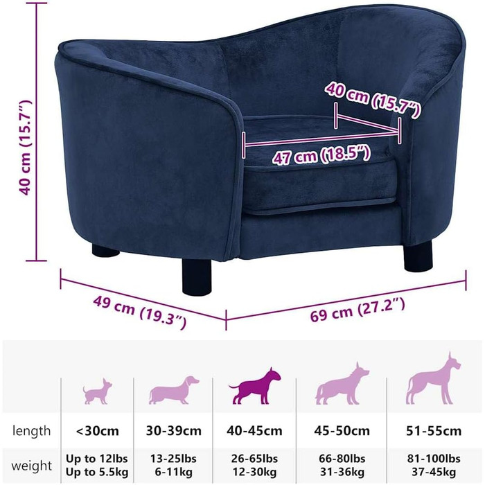 Софа для собак VidaXL, 69x49x40 см, плюшеве ліжко для собак, диван для котів та собак (блакитний)