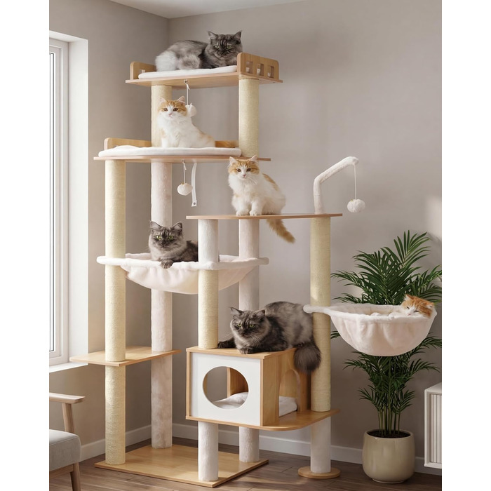 Дерев'яний котячий комплекс Heybly Kratzbaum HCT121WB: 179 см, платформа, будиночок, гамак, сизаль, стабільний, легка збірка