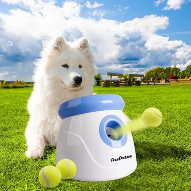 Автоматична машинка для запуску м'ячів Pet Prime для собак, інтерактивна іграшка-ланчер з 3 тенісними м'ячами, дистанція кидка 3-9 м, для малих та середніх порід (білий/синій)