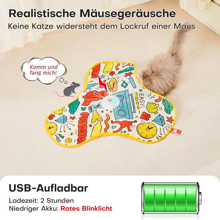 Інтерактивна іграшка для котів Potaroma з автоматичною подачею пір'я - перезаряджувана, активується дотиком, з мишачими звуками, ідеальна для активних котів, корпус Graffiti