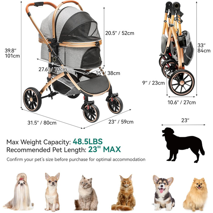 Візок для собак YITAHOME 3 в 1, до 20 кг, складаний, сірий