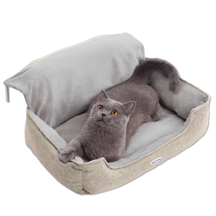 Ліжко для котів Happi N Pets з підігрівом, бежеве, 65x36x27 см - затишна лежанка з плюшевим чохлом для великих котів