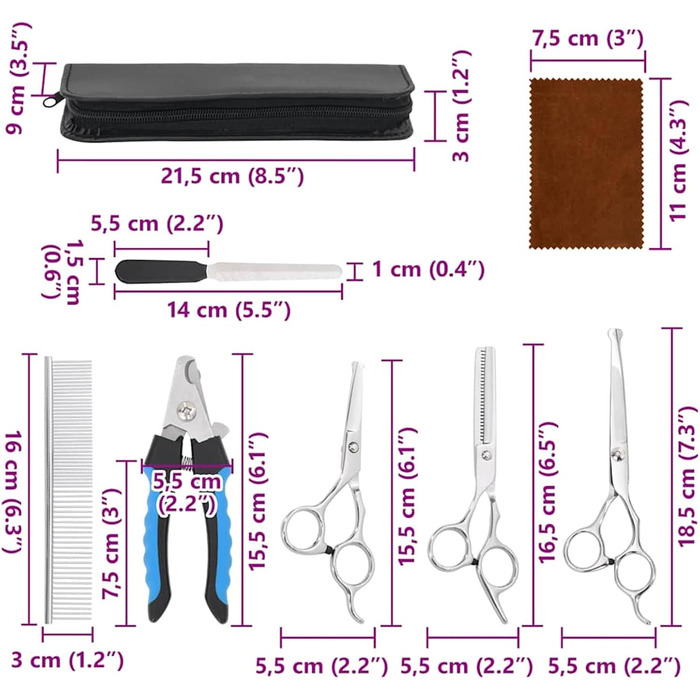 Набір професійних ножиць для собак з витончувальними ножицями, кусачками для нігтів та гребінцем - для всіх пухнастих домашніх тварин, сріблястого кольору, 15,5 x 5,5 см