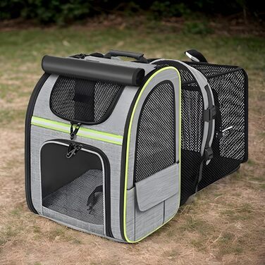 Транспортна сумка для котів, рюкзак для маленьких собак – дихаюча, розкладна сумка-переноска для подорожей, сіра з зеленими вставками