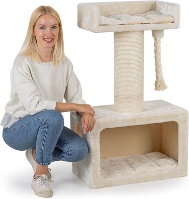 Котячий дряпак HAPPYPET Mick 103 см, преміум, для великих котів, 600г плюш, товстий стовп 18 см, велика лежанка, для мейн-кунів, колір капучино