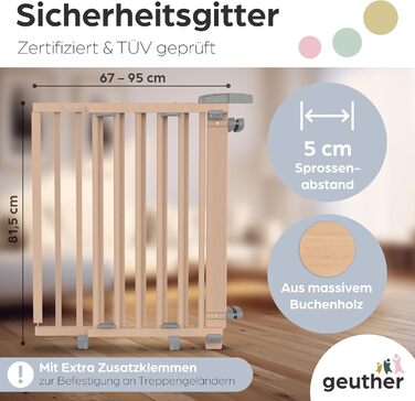 Захист для сходів Geuther Oris | Дверний захист для сходів з кріпленням, ширина 67-95 см | Стабільний захист з розпашною дверцятами | Дерев'яне дитяче гiтер, натуральний лак 67-95 см