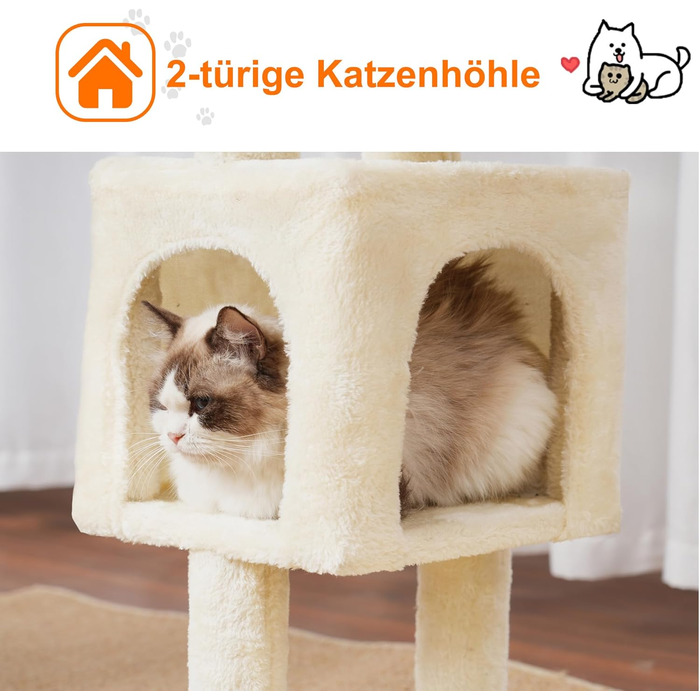 Котячий будиночок Heybly Kratzbaum: 100 см, з платформою, печерею, 2 гамаками та іграшками. Активний котячий будиночок, HCT006SW (Бежевий)