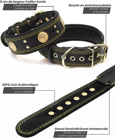 Шкіряний нашийник для собак, 5 см, ручної роботи, преміум-якість, для великих та середніх порід, золото-чорний, розмір M (46.5-57.5 см)