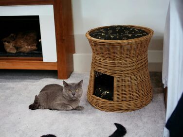 Котячий кошик для сну з подушкою, кругла плетена хатинка з лози, двоповерхове ліжко для котів і собак, діаметр 47 см, колір натуральної кори, темно-коричнева подушка, для дому