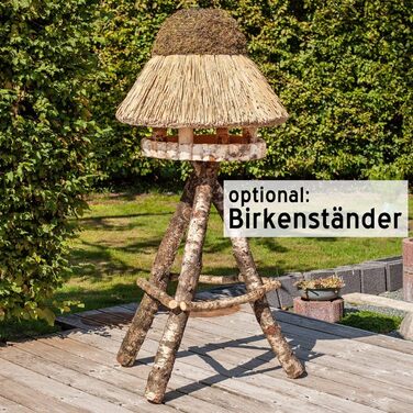 Дерев'яний годівничка для птахів VOSS.garden XL Föhr з очеретяним дахом, натуральна береза, велика кормова платформа 50 см, будиночок для годування птахів