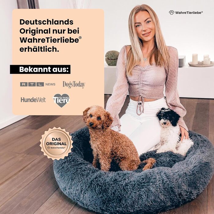 Оригінальне пухнасте ліжко для собак Wahre Tierliebe Fluffy Wolke з м'яким чохлом, який можна прати, кругла лежанка для великих, середніх і малих собак