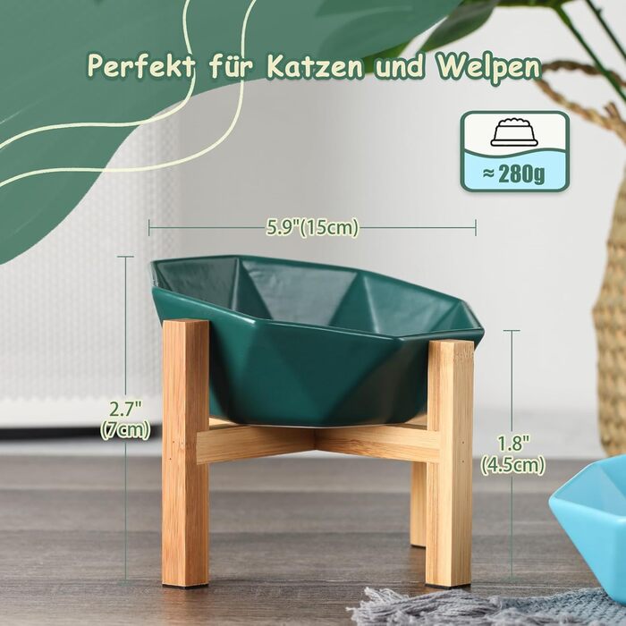 Керамічна годівниця для котів та собак на підставці, нахилена, зелена - 1 шт.