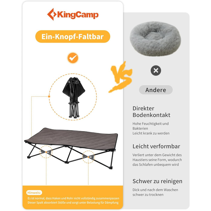 Ліжко для собак KingCamp підвищене, вуличне, чорне 57x57x23 см (L 132x68x29 см) - дихаюча сітка та фліс
