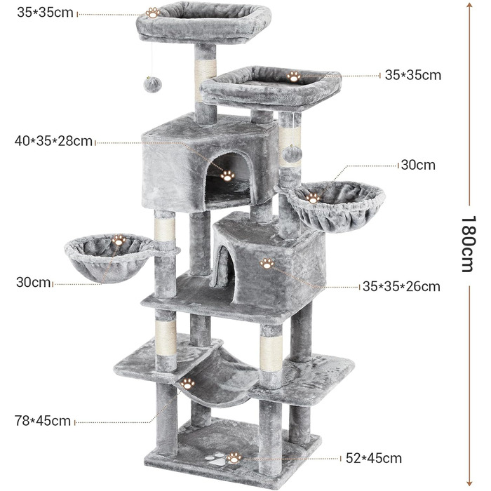 MSmask Котячий будиночок-кігтеточка великий, 180 см, з сизалевих стовпів, 2 платформи, 2 будиночки, кошик, гамак, стабільний, багатоповерховий, сірий