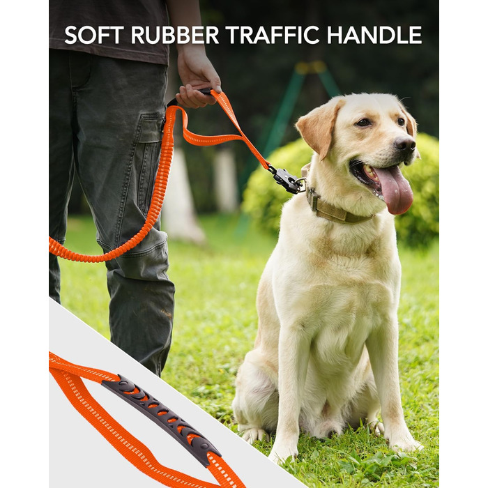 Тактична повідок для собак Joytale, 1.2м-1.8м, еластична (bungee), з 2 м'якими ручками, автофіксатор, без натягу для собак середніх, великих та екстра-великих порід, помаранчевий колір