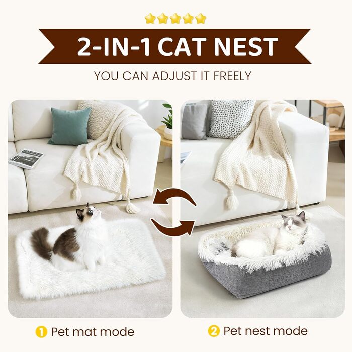 М'яке ліжко для котів, 60x45 см, плюшеве, для котів та маленьких собак, 2 в 1, тепле гніздо, ліжко-мішок, ковдра для котів, миється, розмір 91x71x3 см