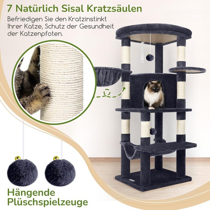 Котячий будиночок Globlazer з когтеточкою, 130 см, XL, темно-сірий. Стабільний кутовий комплекс з будиночком, платформою, гамаком та м'яким кошиком для великих котів.