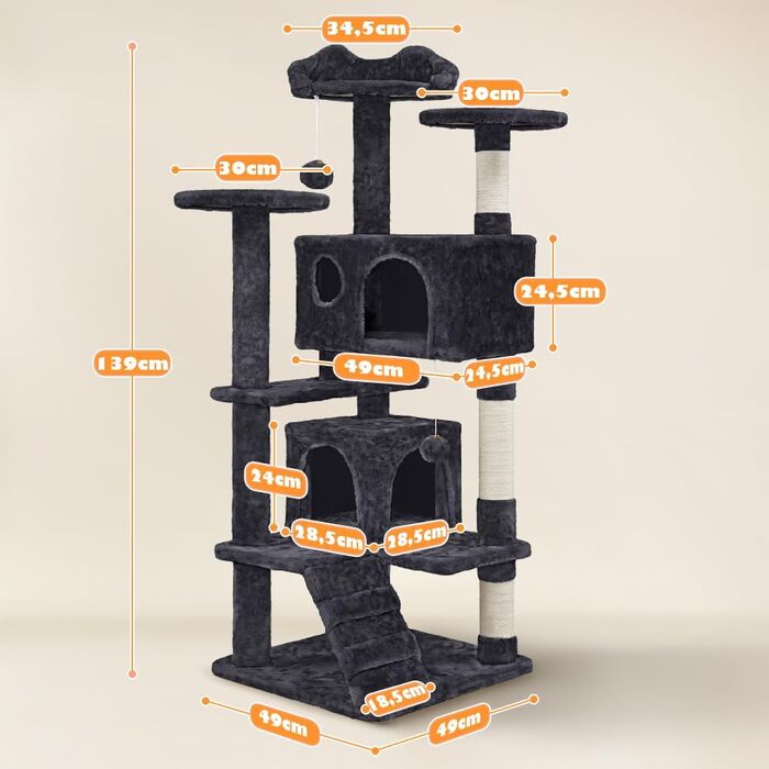 Кігтеточка-кімнатний комплекс Yaheetech 139 см, чорний, з 3 платформами, 3 стовпчиками, 2 хованками та іграшками