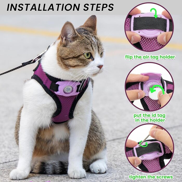 Нашийник для собак з кріпленням для Airtag, для малих собак, цуценят, котів, без натягування, відбиваючий поводок, комплект для прогулянок, тренувань, подорожей, догляду за шерстю, SMALL (обхват грудей: 30-38 см), фіолетовий