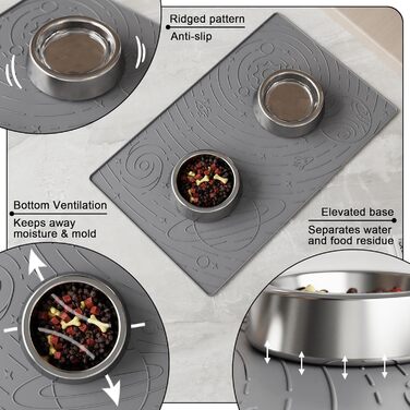 Підкладка під миску для собак та котів OHMO, 60x40 см, силіконова, неслизька, вологостійка, сіра