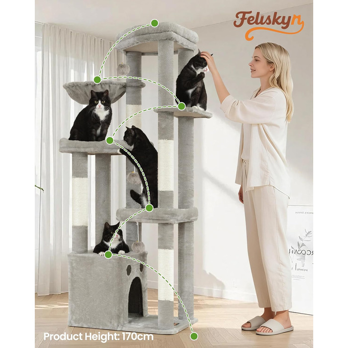 Комплекс для котів Kratzbaum XL 170 см: Дряпка-стовп, будиночок, платформа, гамак - Сірий котячий будинок