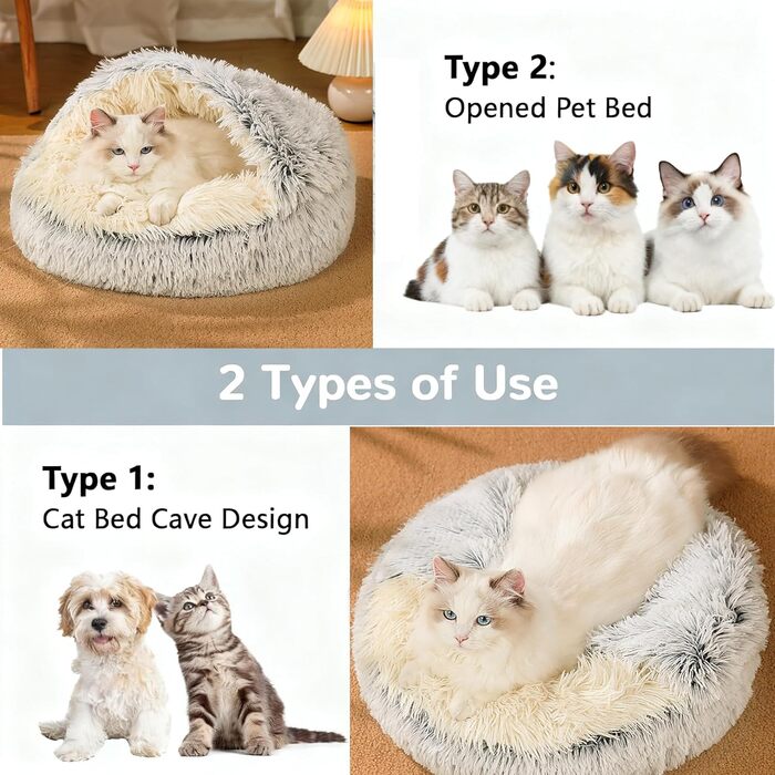 М'яке ліжко для домашніх тварин: ліжко для котів та собак, плюшеве, тепле, з капюшоном, антиковзаюче, сіре (65 см Ø)