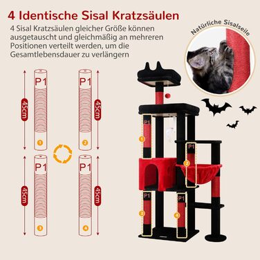 Дерев'яний комплекс для котів Globlazer з висотою 167 см, широкою платформою, будиночком, кошиком та іграшками. Стабільний, підходить для 2-4 котів. Чорний/червоний (F65B)