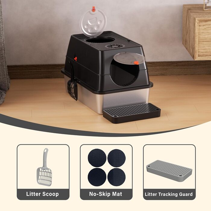 Лоток для котів Citylife Edelstahl з кришкою, XXL, закритий, з двошаровим килимком та совком, двостулковий, легко чиститься, з нейтралізацією запаху (Чорний)