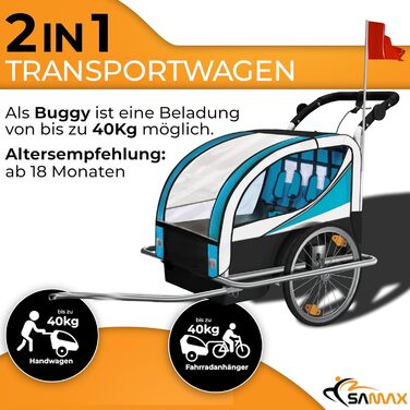 SAMAX Fahrradanhänger Jogger 2in1: Дитячий велопричіп-коляска 2в1 для 2 дітей, повне зчеплення, поворот на 360° (Блакитний - Срібляста рама)