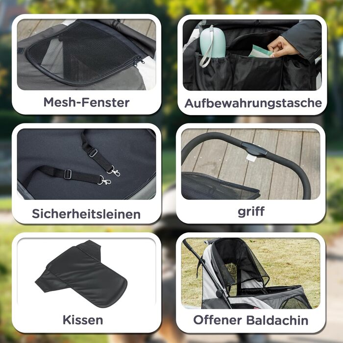 Візок для собак та котів PawHut - розкладний, до 30 кг, з подушкою, сіткою, гальмівною системою та гамаком. Колір: темно-сірий