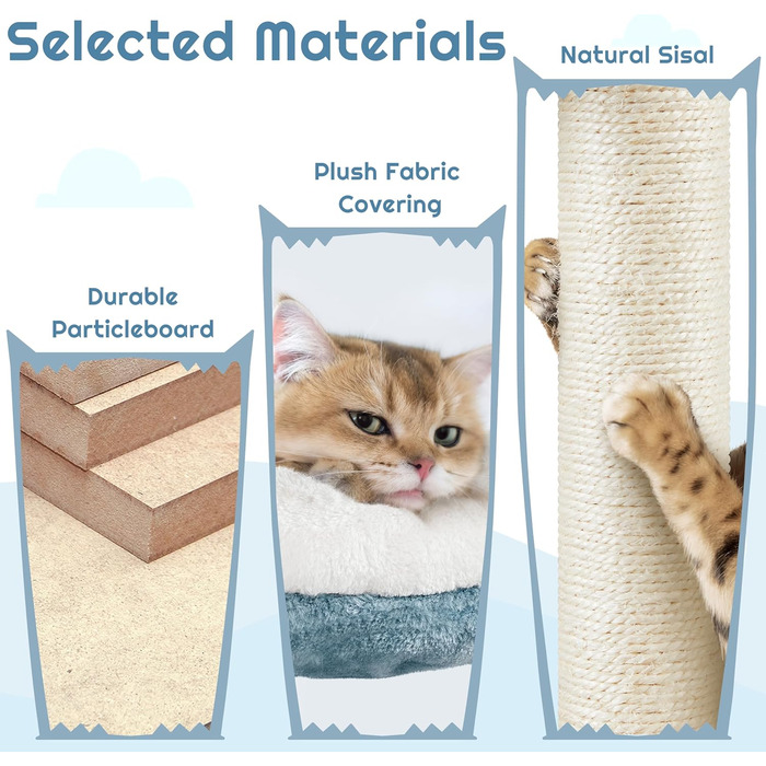 Дерев'яний будиночок для котів Yaheetech Meer Katzenbaum 155 см, когтеточка, блакитно-білий, з гамаком та платформою