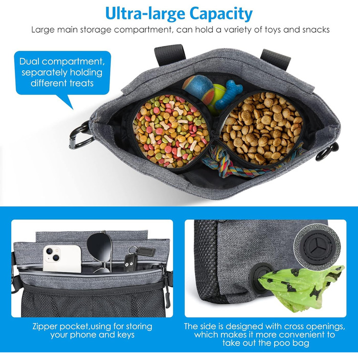 Футляр для ласощів для собак Brifit з магнітною застібкою, практичний мішок для корму для собак, тренування та прогулянки, багатофункціональний мішок для ласощів для собак з винімною внутрішньою кишеню | Диспенсер для відходів сірого кольору